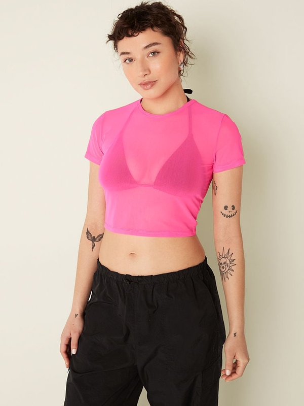 Neon pink mesh crop top sales