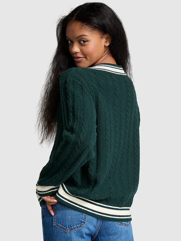 Collegiate Cable Knit V Neck Sweater
